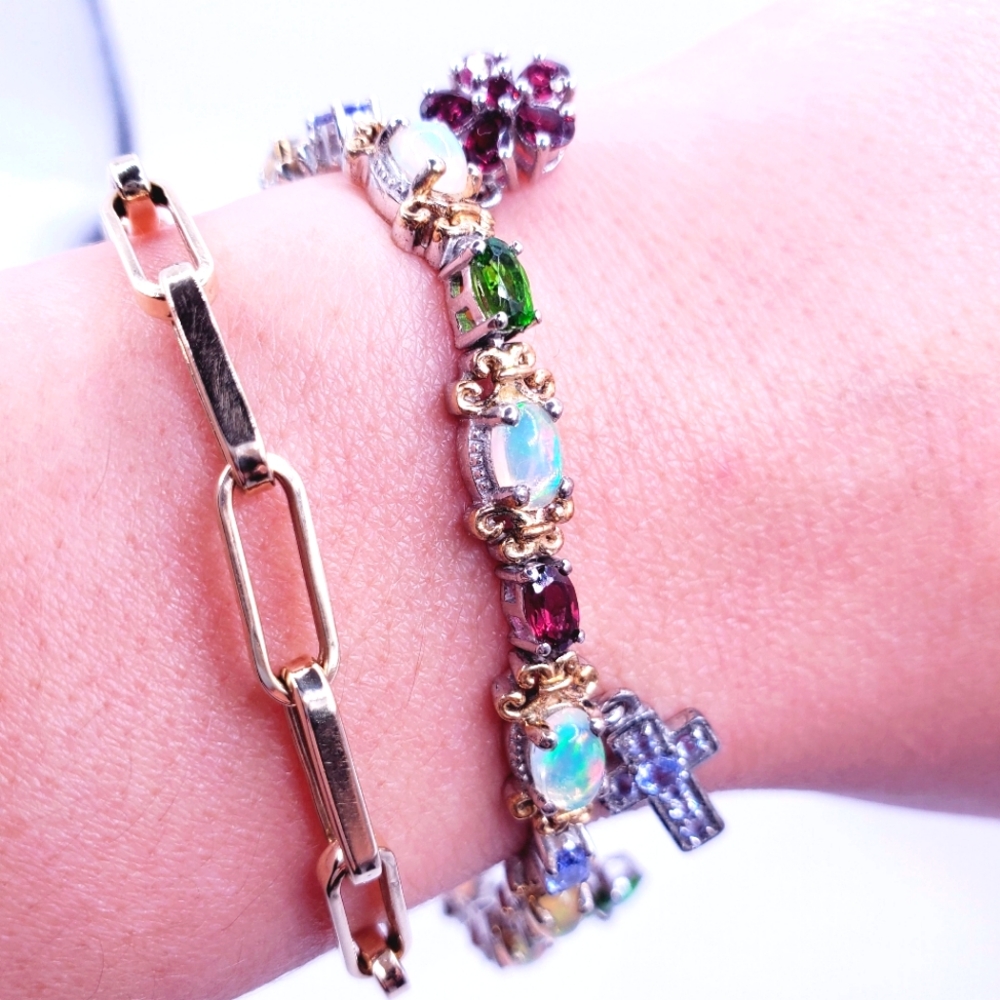 Ethiopian Opal - Tanzanite - Chrome Diopside & Garnet 14k / 925 Silver Bracelet